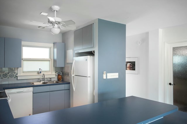 kitchen featuring sink, white appliances, ceiling fan, gray cabinetry, and decorative backsplash