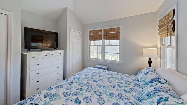 bedroom featuring lofted ceiling