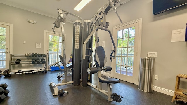 exercise area with crown molding