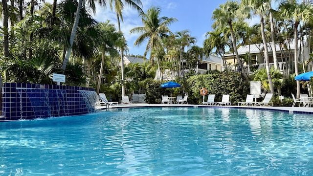 view of pool with pool water feature