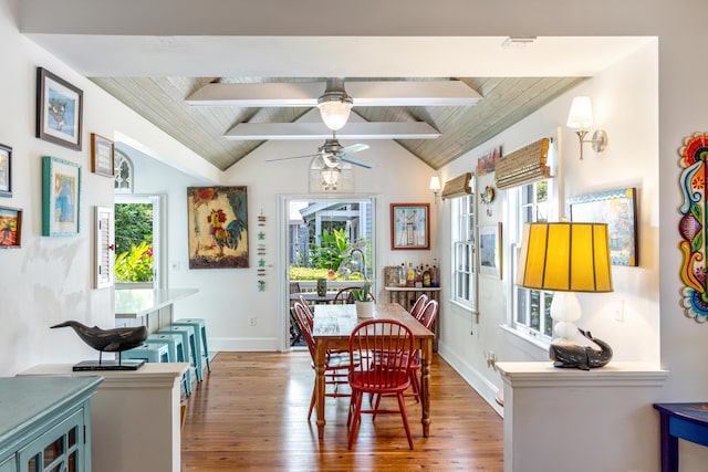 dining space featuring vaulted ceiling with beams, wood ceiling, baseboards, and hardwood / wood-style floors