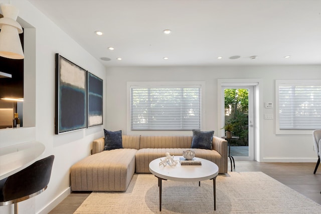 living room featuring baseboards, wood finished floors, and recessed lighting