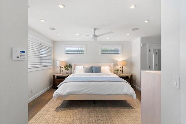 bedroom with ceiling fan, baseboards, wood finished floors, and recessed lighting