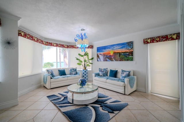 tiled living room featuring ornamental molding, a textured ceiling, and an inviting chandelier