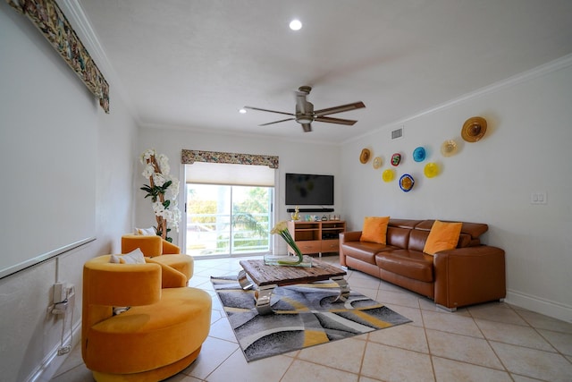 tiled living room with crown molding and ceiling fan