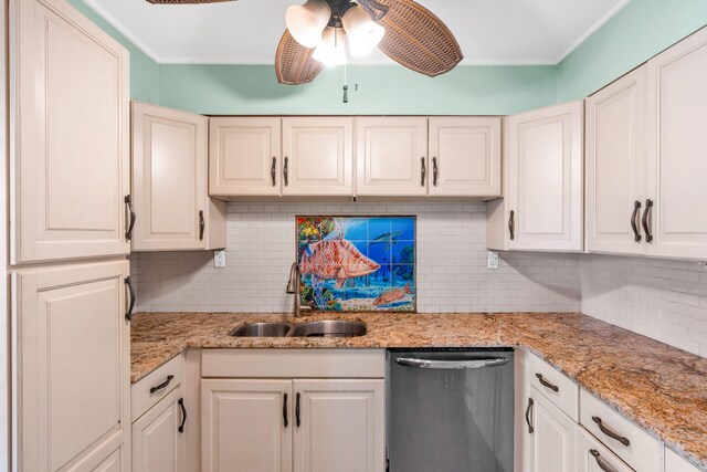 kitchen featuring sink, white cabinetry, dishwasher, ceiling fan, and backsplash