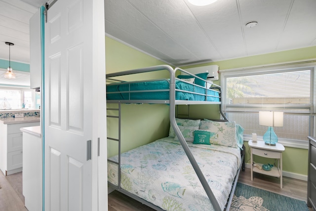 bedroom featuring multiple windows and wood finished floors