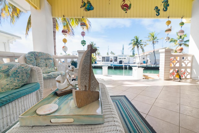 view of patio featuring a water view