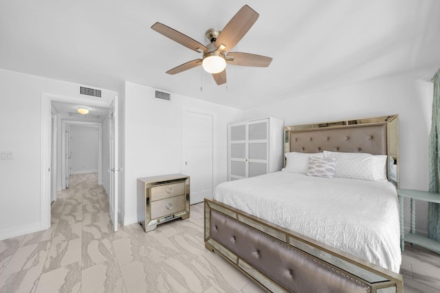 bedroom with visible vents, marble finish floor, baseboards, and a ceiling fan