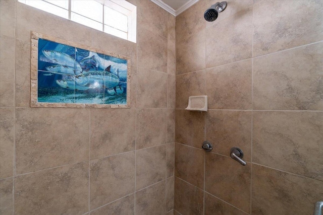 room details with tiled shower and crown molding