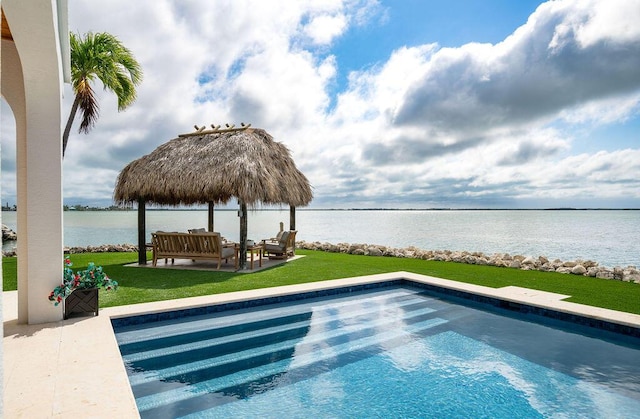 view of swimming pool with a water view, a gazebo, outdoor lounge area, and a patio area