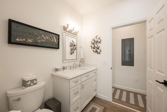 bathroom with vanity, wood-type flooring, electric panel, and toilet