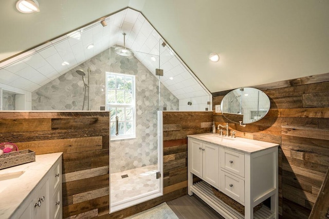 421 United St, Key West, FL 33040 - bathroom with vanity, a shower with shower door, and vaulted ceiling