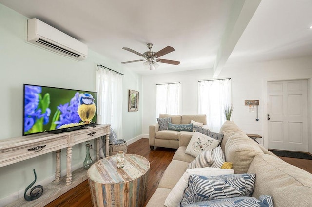 421 United St, Key West, FL 33040 - living room with a wall mounted air conditioner, dark wood-type flooring, and ceiling fan