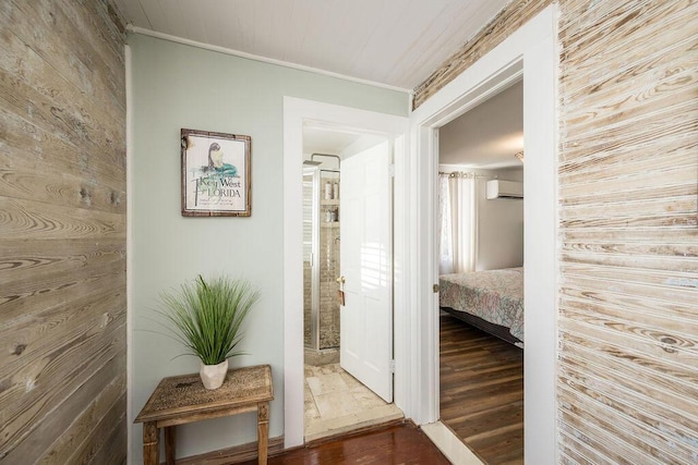 421 United St, Key West, FL 33040 - hallway with hardwood / wood-style flooring, a wall mounted air conditioner, and wood walls