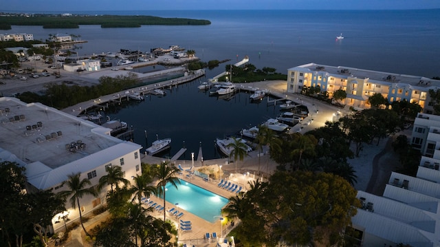 drone / aerial view with a water view