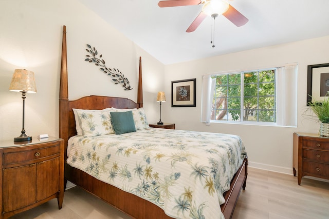 bedroom featuring ceiling fan and light hardwood / wood-style flooring