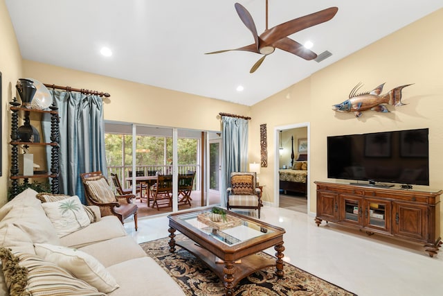 living room with vaulted ceiling and ceiling fan