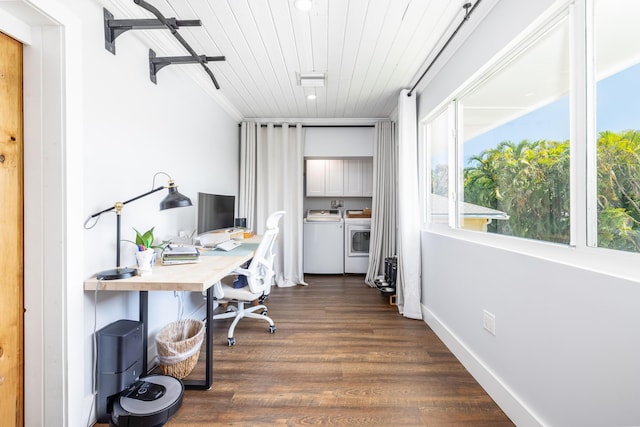 office area featuring washing machine and clothes dryer, wooden ceiling, baseboards, and dark wood-style flooring