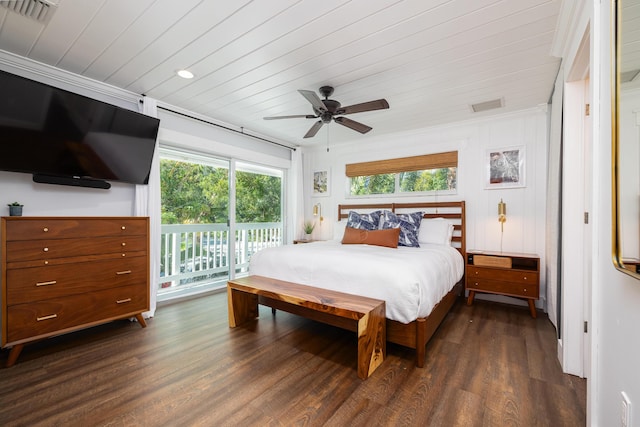 bedroom featuring access to exterior, visible vents, wooden ceiling, and dark wood-type flooring