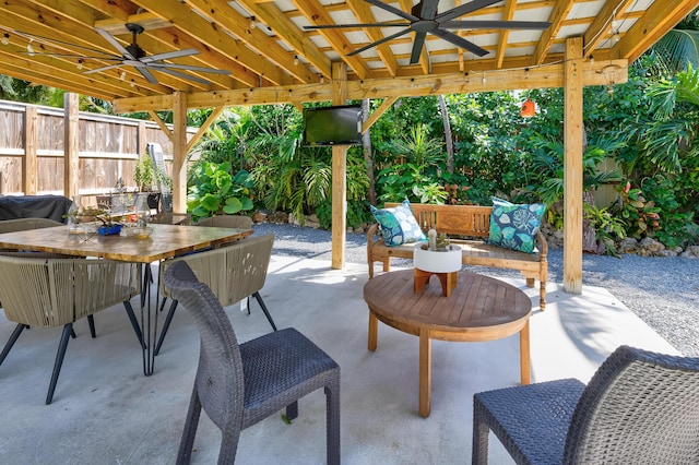 view of patio / terrace featuring an outdoor hangout area, outdoor dining area, ceiling fan, and fence