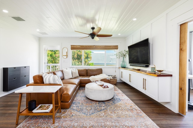 living room with dark wood finished floors, wood ceiling, visible vents, and ceiling fan