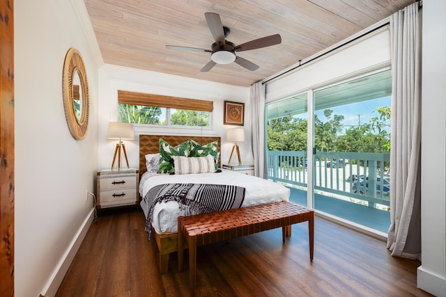 bedroom with access to exterior, wood finished floors, baseboards, wood ceiling, and ceiling fan