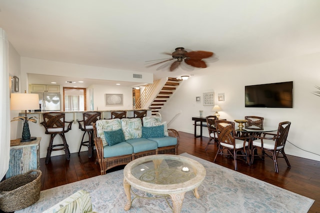 95 Coco Plum Dr Unit 1A, Marathon, FL 33050 - living room featuring stairs, a ceiling fan, and wood-type flooring