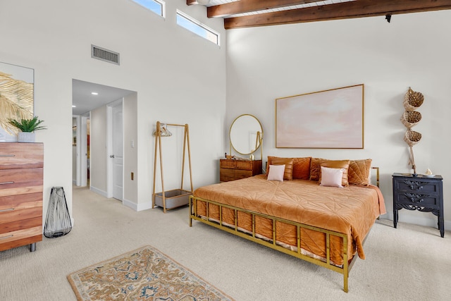 1133 W Ocean Dr Unit 4, Marathon, FL 33050 - carpeted bedroom featuring beam ceiling, a high ceiling, baseboards, and recessed lighting