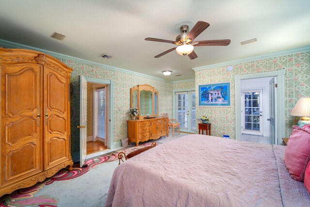 bedroom with ornamental molding, access to outside, and ceiling fan