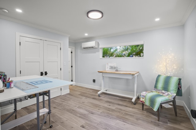254 W Seaview Cir, Duck, FL 33050 - office with a wall mounted air conditioner, crown molding, light wood finished floors, baseboards, and recessed lighting