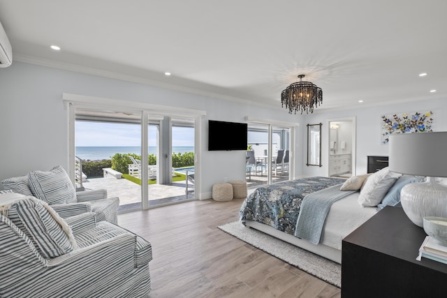 254 W Seaview Cir, Duck, FL 33050 - bedroom featuring access to outside, a chandelier, recessed lighting, ornamental molding, and wood finished floors