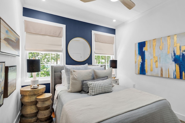 bedroom featuring crown molding, a ceiling fan, and recessed lighting