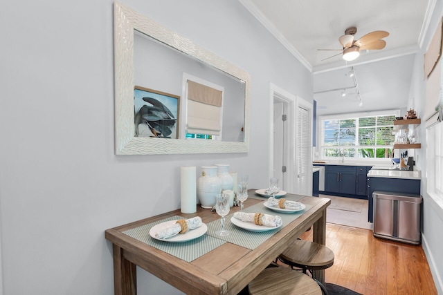 dining area featuring rail lighting, light wood-style flooring, a ceiling fan, and ornamental molding
