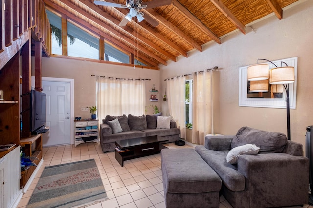 living room with wood ceiling, high vaulted ceiling, light tile patterned floors, beamed ceiling, and ceiling fan