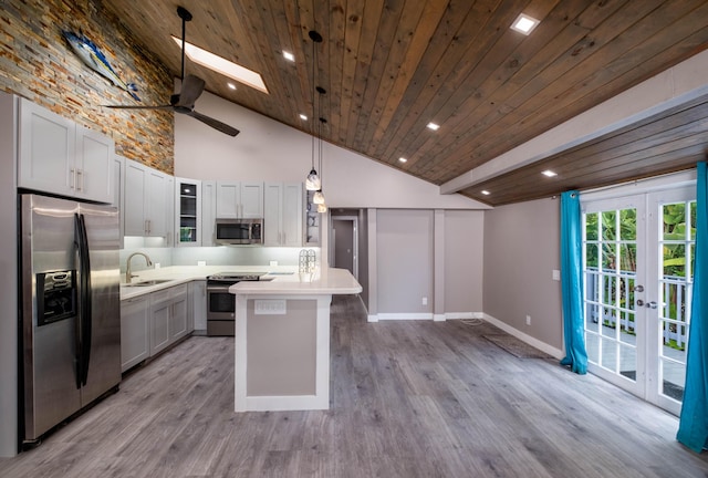 kitchen with appliances with stainless steel finishes, a center island, hanging light fixtures, and wooden ceiling