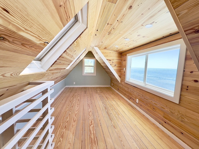 bonus room featuring hardwood / wood-style flooring, a water view, lofted ceiling, and wood ceiling