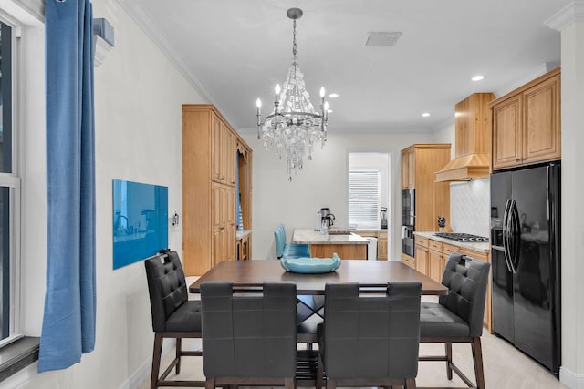 dining space with recessed lighting, a notable chandelier, visible vents, baseboards, and ornamental molding