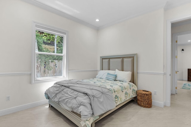 bedroom with ornamental molding, recessed lighting, and baseboards