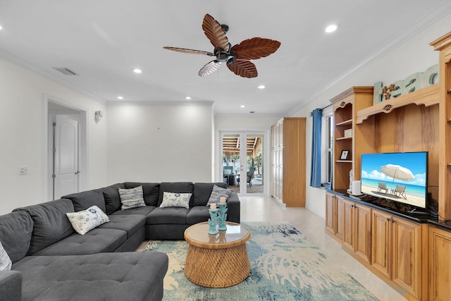 living area featuring a ceiling fan, ornamental molding, french doors, and recessed lighting