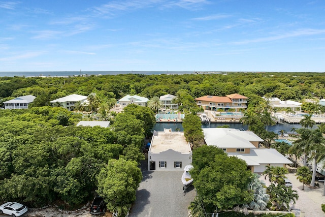 birds eye view of property featuring a forest view and a water view