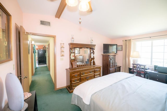 bedroom featuring vaulted ceiling with beams, stainless steel fridge, ceiling fan, and dark colored carpet