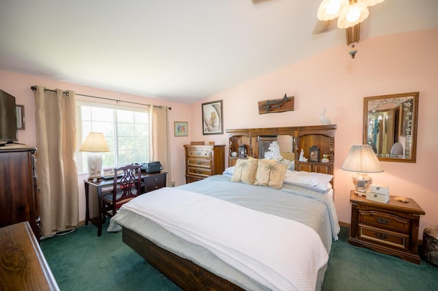 carpeted bedroom featuring lofted ceiling and ceiling fan