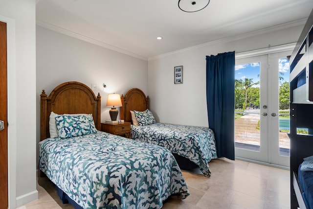 bedroom with crown molding, french doors, and access to outside