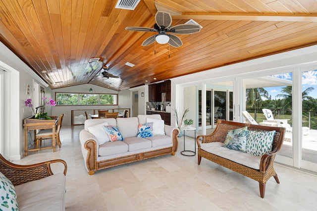 living room with vaulted ceiling, wooden ceiling, and ceiling fan