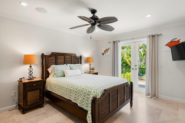 bedroom featuring crown molding, access to exterior, ceiling fan, and french doors