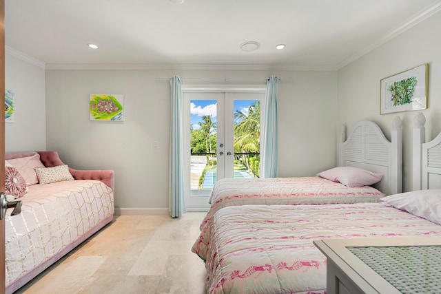 bedroom featuring crown molding, access to exterior, and french doors