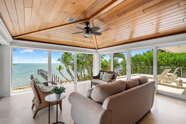 sunroom with vaulted ceiling, a water view, ceiling fan, and wood ceiling