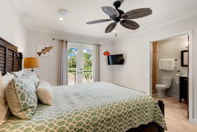 bedroom with access to exterior, crown molding, french doors, and ensuite bathroom