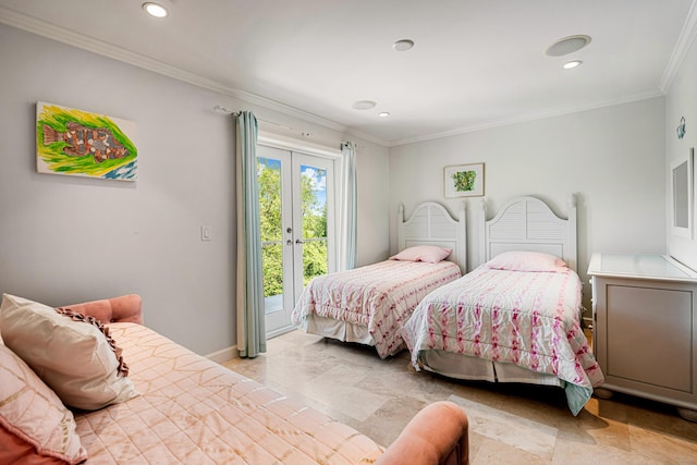 bedroom with access to outside, ornamental molding, and french doors